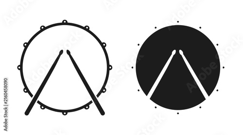 Minimalist vector illustration featuring simple black drum silhouettes with crossed drumsticks for modern musical logo design