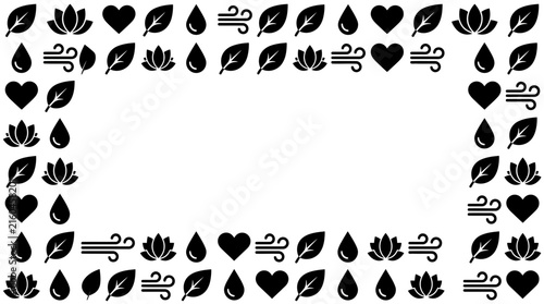 Minimalist nature icon border with black leaves lotus heart and water drop symbols