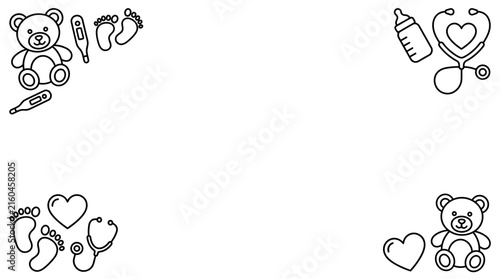 Minimalist baby healthcare and pediatric icons border on white background