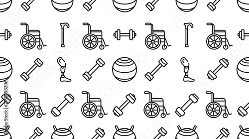 Seamless pattern of rehabilitation and accessibility icons with wheelchairs and fitness tools