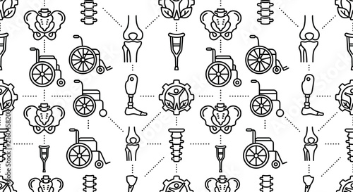 Seamless pattern of orthopedic medical and physical therapy line icons