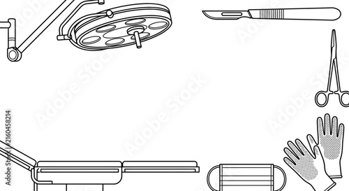Medical surgery equipment and tools line art vector illustration