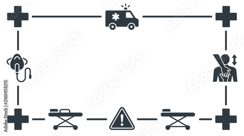 Medical Emergency Services Icon Frame with Ambulance and First Aid Symbols