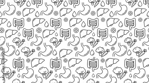 Digestive health seamless pattern with internal organs and healthy food icons