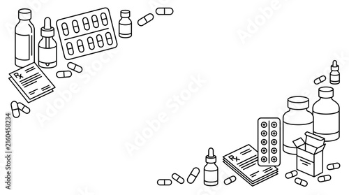 Medical Line Art Frame with Pills and Pharmacy Bottles
