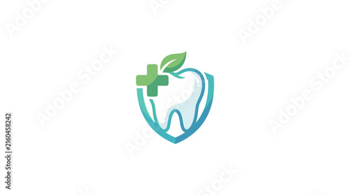 Dental health logo with tooth shield and green leaf icon