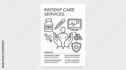 Healthcare patient care services flyer template with minimalist medical icons