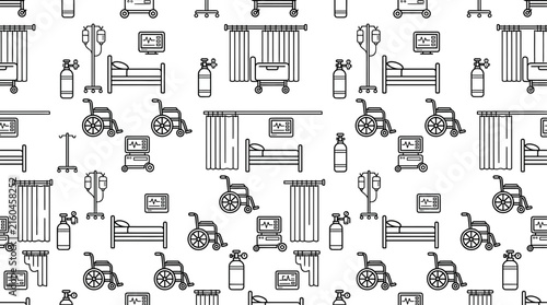 Medical equipment and hospital furniture line art seamless pattern