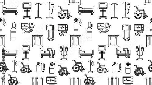 Seamless pattern of medical equipment and hospital furniture line icons