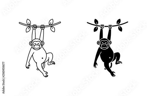 Photography Playful Monkey Hanging Vector Icons, Silhouette and Outline Styles, Jungle Anima