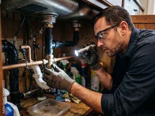 Professional plumber wearing safety glasses soldering copper pipes under a kitchen sink to fix a leak in a residential home