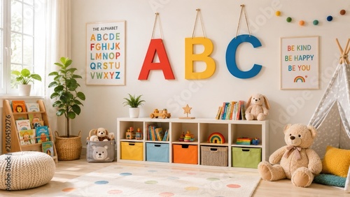 Bright children's playroom with large colorful ABC letters, cubby toy storage, plush animals, books, rainbow accents and a cozy teepee
