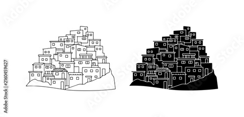 Slum Village Vector Art, Dense Urban Housing, Informal Settlement Silhouette, Cityscape Illustration