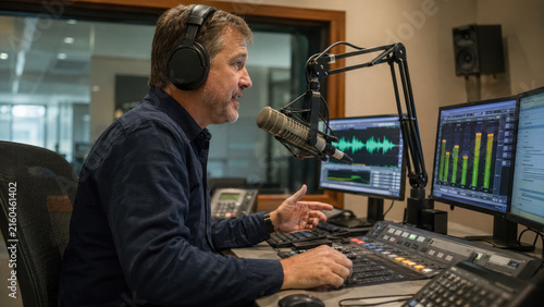 Radio host speaking into a microphone in a professional broadcast studio with mixing console, headphones and waveform monitors