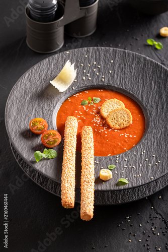 Professional and healthy tomato soup in exclusive restaurant.