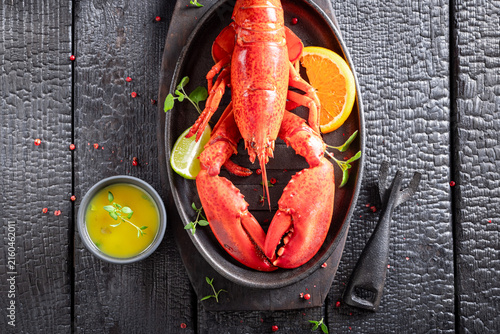 Cooked and tasty lobster as mediterranean seafood dinner.