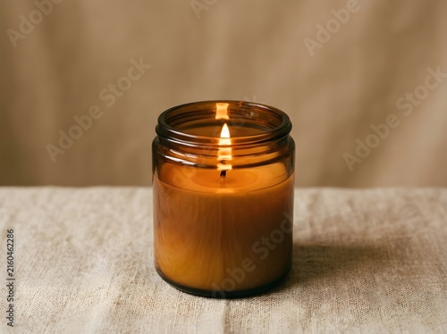 Cozy Aromatic Candle Burning in Amber Glass Jar on Neutral Fabric