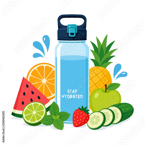 Stay hydrated water bottle surrounded by fresh fruits and vegetables for healthy lifestyle.