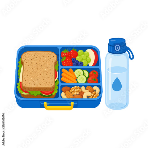 Healthy school lunchbox with sandwich, fruits, vegetables, nuts and water bottle for children.