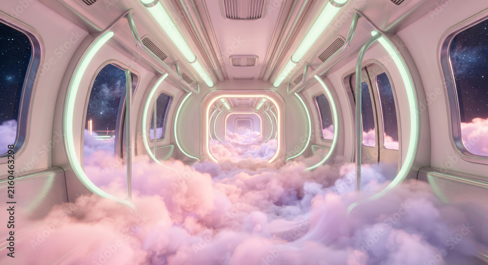 Naklejka premium Futuristic train interior with neon lights and pink clouds inside fantasy transport concept