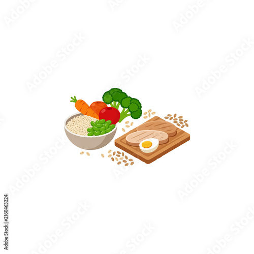 Healthy balanced diet with fresh vegetables, grains, meat, and egg on a cutting board.
