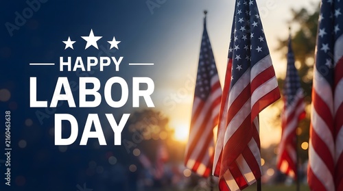 A festive celebration background featuring american flags waving during a beautiful sunset for the labor day holiday event
