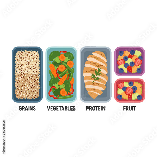 Meal prep healthy food containers colorful storage boxes with grains veggies protein.