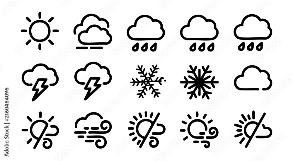 Obraz premium Black outline weather icons depicting sun cloud rain lightning and snowflake for seasonal forecast.