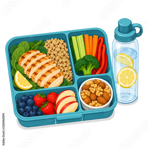Healthy grilled chicken bento box with quinoa fresh berries and lemon water bottle.
