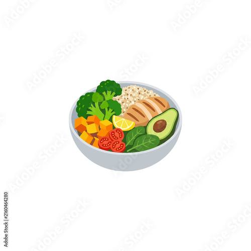 Healthy grain bowl with roasted vegetables and chicken for nutritious meal prep.