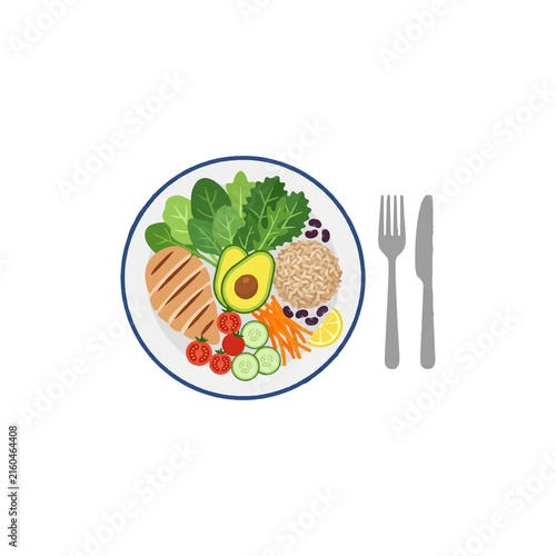 Healthy dinner plate top view with grilled chicken avocado vegetables and grains.