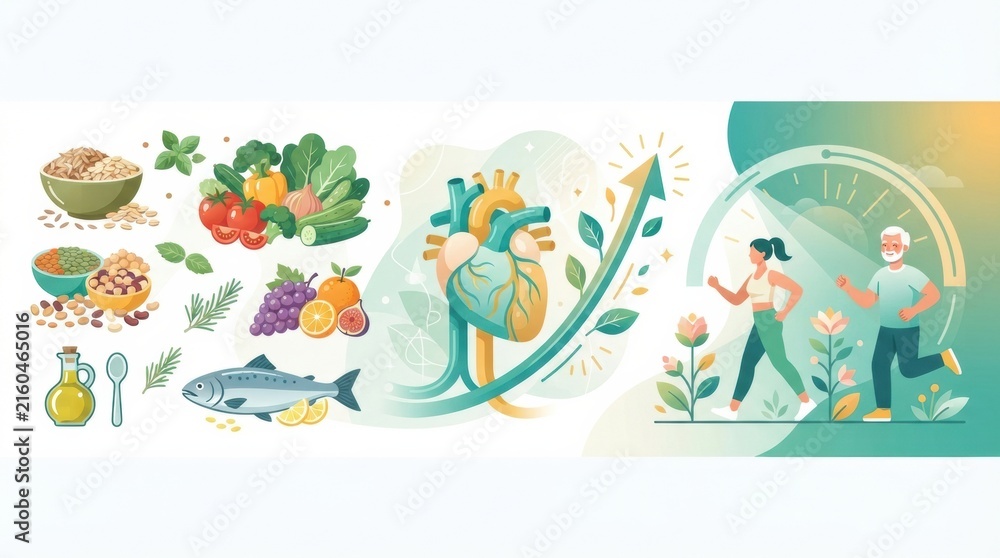 Fototapeta premium Healthy foods, a heart symbol, and people exercising to highlight the importance of nutrition and fitness for well-being.
