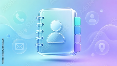 Translucent 3D contact book icon with user profile, tabs and communication symbols on a pastel gradient background