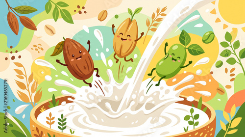  Cute Cartoon Plant Based Milk Splash with Happy Almond, Oat, and Soybean Characters