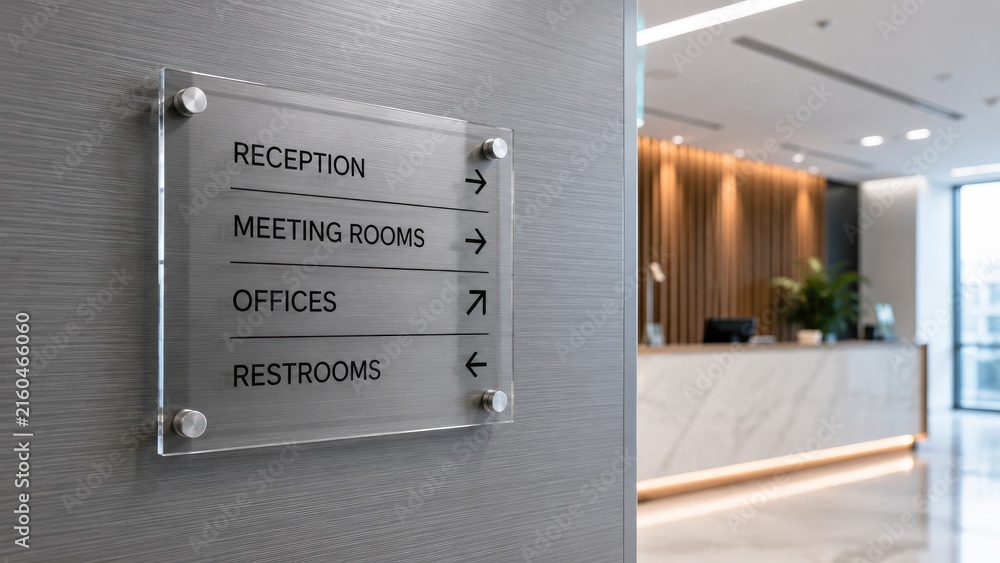 Naklejka premium Acrylic directional sign in a modern office lobby indicating reception, meeting rooms, offices, and restrooms with arrows