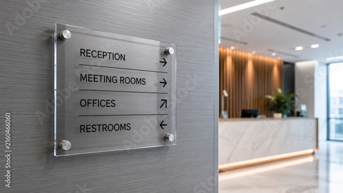 Acrylic directional sign in a modern office lobby indicating reception, meeting rooms, offices, and restrooms with arrows