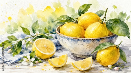 Watercolor still-life of fresh lemons in a ceramic bowl with slices, leaves and blossoms on a rustic table