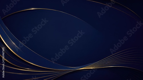 Elegant dark blue abstract background with flowing gold curved lines and metallic accents, creating a luxurious modern minimalist backdrop for branding, invitations, or presentations