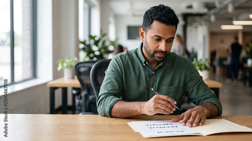 Obraz premium Focused Professional Man Working on Business Planning Strategy and Data Analysis in a Modern Bright Open Plan Office Workspace