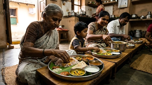 Multi-generational indian family eating traditional meal in kitchen