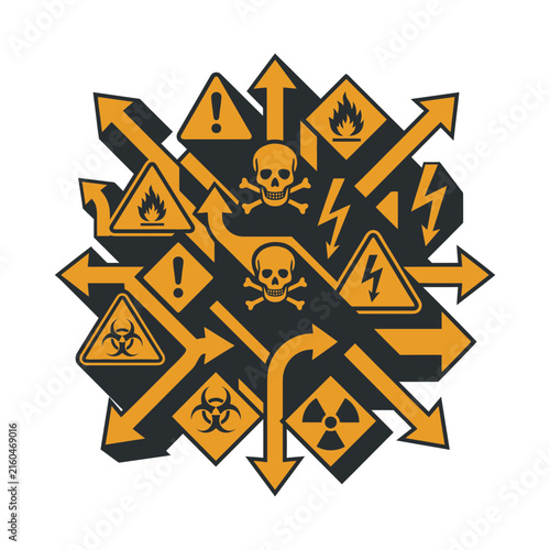 Hazardous warning symbols and toxic danger signs with directional arrows