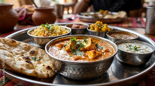 Traditional indian thali meal with paneer curry and naan bread