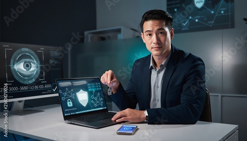 Asian male cybersecurity expert holding hardware security key next to laptop with shield icon and biometric eye scan monitor