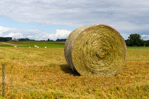 Large round hay bale in a harvested agricultural field, rural countryside landscape under a cloudy blue sky