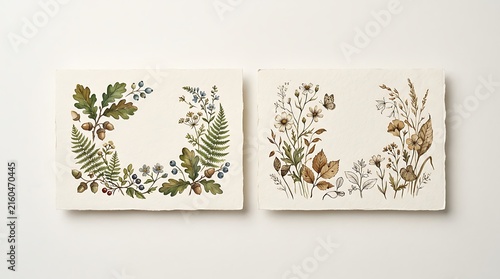 Vintage botanical watercolor illustrations of forest leaves and flowers