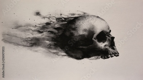 Artistic depiction of a skull fading into particles on a neutral backdrop