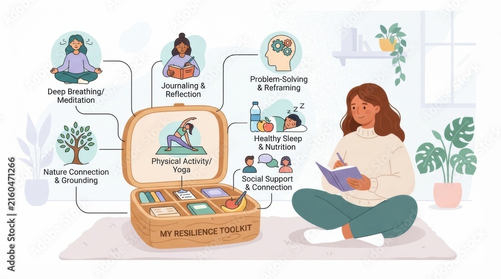 Fototapeta premium A person sits on a rug with a toolkit outlining methods for relaxation and mindfulness. Activities include yoga, journaling, and nature connection.