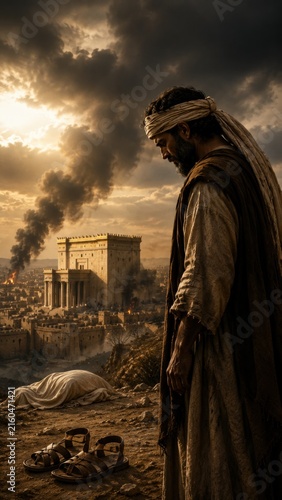 Biblical Prophet Mourning Over Ancient Jerusalem and Temple Destruction