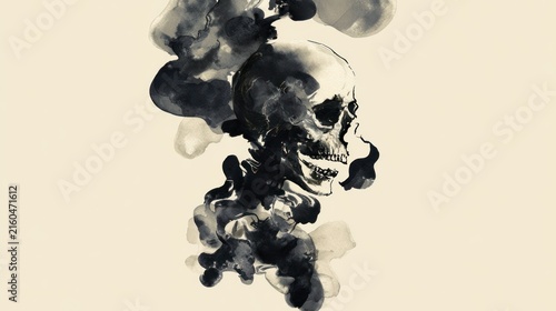 Abstract skull illustration in ink with artistic swirls on creamy background