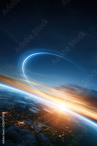 Earth sunrise with glowing light trails over the planet’s curved horizon and a star-filled space sky.